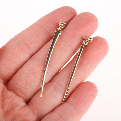 1205 - A pair of 9ct gold spike drop stud earrings, 45.8mm, 2.8g