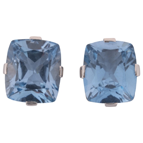 1208 - A pair of 18ct white gold blue synthetic spinel stud earrings, 13mm, 6g