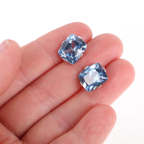 1208 - A pair of 18ct white gold blue synthetic spinel stud earrings, 13mm, 6g