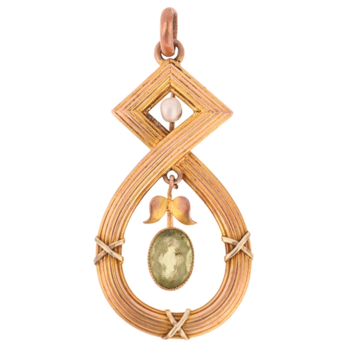 1209 - An Art Nouveau 9ct rose gold peridot and pearl openwork pendant, maker SB&S Ltd, 32.7mm, 1.5g