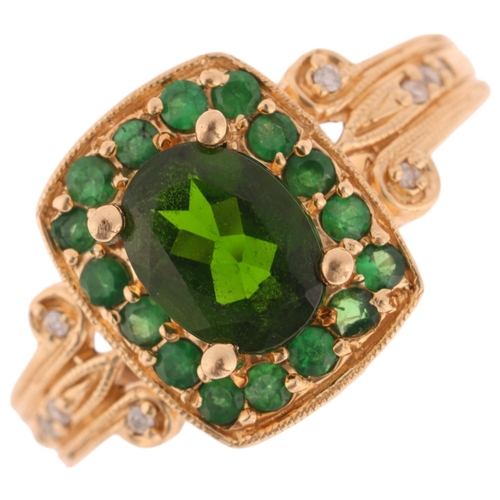 1210 - A 14ct gold green garnet and diamond cluster ring, setting height 12.8mm, size O, 4.1g