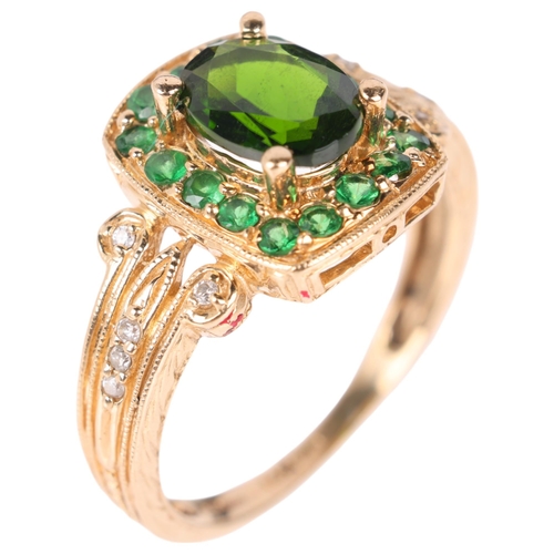 1210 - A 14ct gold green garnet and diamond cluster ring, setting height 12.8mm, size O, 4.1g