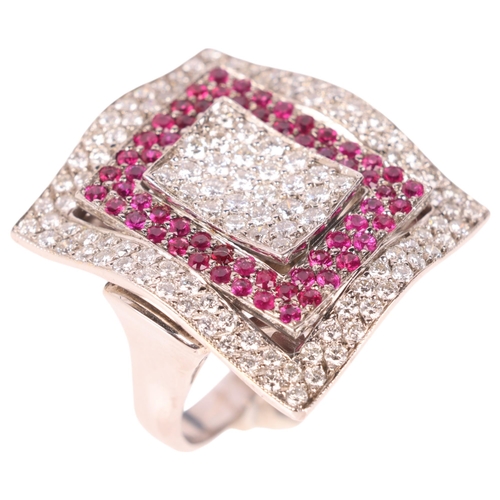 1211 - A large 9ct white gold ruby and diamond cluster panel ring, each wavy rectangular panel pave set wit... 