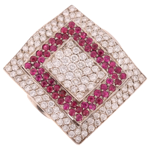 1211 - A large 9ct white gold ruby and diamond cluster panel ring, each wavy rectangular panel pave set wit... 