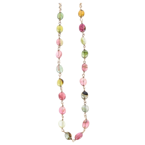 1212 - A 9ct gold vari-hue tourmaline bead necklace, 40cm, 4.3g