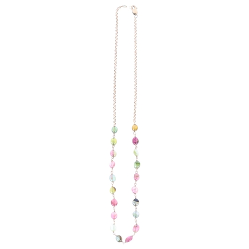 1212 - A 9ct gold vari-hue tourmaline bead necklace, 40cm, 4.3g