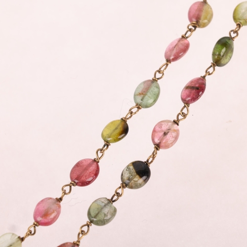 1212 - A 9ct gold vari-hue tourmaline bead necklace, 40cm, 4.3g