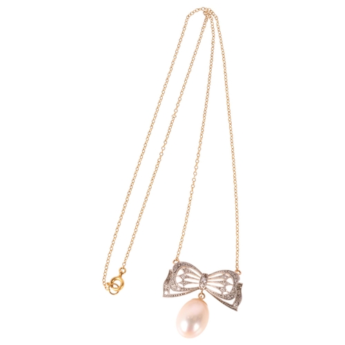 1213 - A 14ct gold pearl and diamond ribbon bow pendant necklace, the 14ct bow set with single-cut diamonds... 