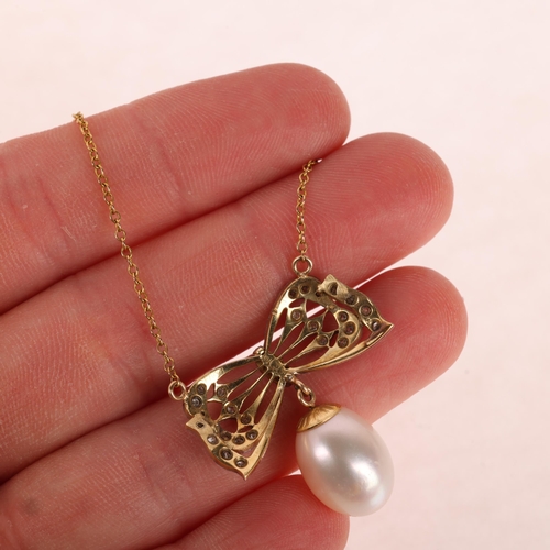 1213 - A 14ct gold pearl and diamond ribbon bow pendant necklace, the 14ct bow set with single-cut diamonds... 