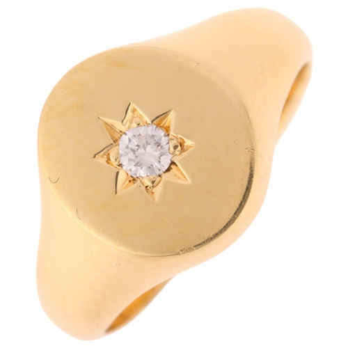 1216 - An 18ct gold 0.1ct single stone diamond signet ring, maker MJ, London 1987, the oval panel star set ... 