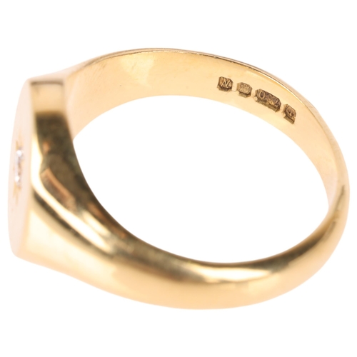 1216 - An 18ct gold 0.1ct single stone diamond signet ring, maker MJ, London 1987, the oval panel star set ... 