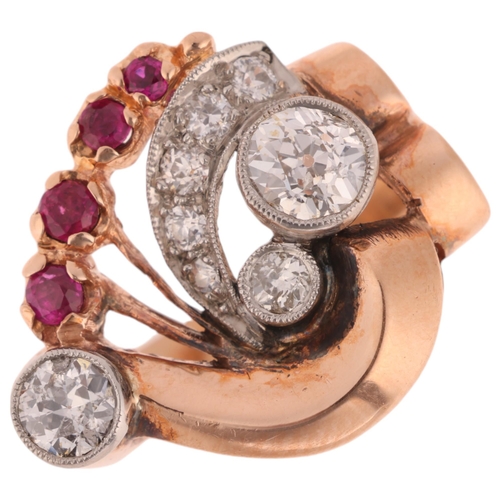 1217 - A retro 14ct rose gold ruby and diamond odeonesque cocktail ring, set with round-cut rubies and old ... 