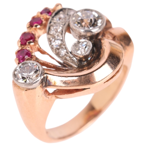 1217 - A retro 14ct rose gold ruby and diamond odeonesque cocktail ring, set with round-cut rubies and old ... 