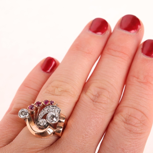 1217 - A retro 14ct rose gold ruby and diamond odeonesque cocktail ring, set with round-cut rubies and old ... 