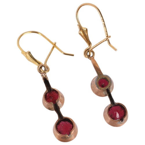 1218 - A pair of 9ct gold garnet drop earrings, each set with 2 round-cut garnets, with kidney fittings, 32... 