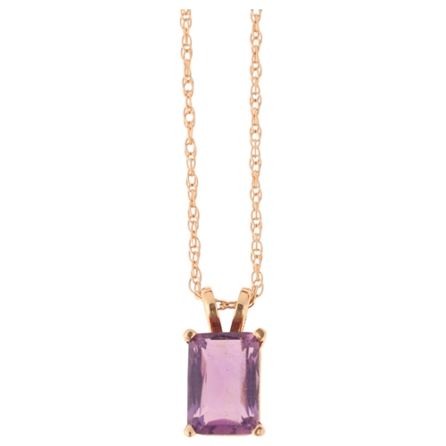 1219 - A 14ct gold amethyst pendant necklace, set with rectangular-cut amethyst, on 14ct Prince Of Wales li... 