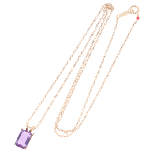 1219 - A 14ct gold amethyst pendant necklace, set with rectangular-cut amethyst, on 14ct Prince Of Wales li... 