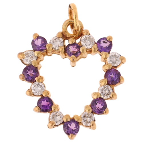 1220 - A 9ct gold amethyst and diamond heart openwork pendant, set with round-cut amethysts and modern roun... 