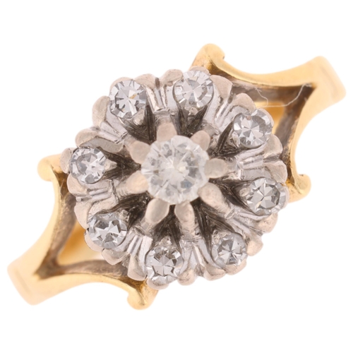 1221 - An 18ct gold diamond flowerhead cluster ring, set with modern round brilliant and single-cut diamond... 