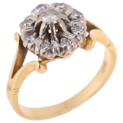 1221 - An 18ct gold diamond flowerhead cluster ring, set with modern round brilliant and single-cut diamond... 