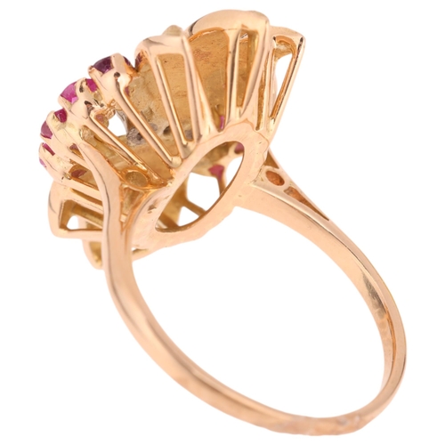 1222 - A Continental 18ct gold ruby and diamond cocktail ring, set with round-cut rubies and diamonds, unma... 