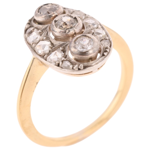 1224 - An Art Deco style 18ct gold diamond panel ring, the oval panel set with 3 principal old European-cut... 