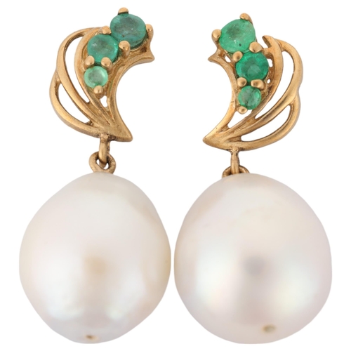 1225 - A pair of 9ct gold pearl and emerald drop stud earrings, 26.8mm, 6.3g