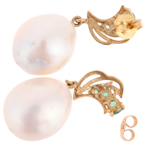 1225 - A pair of 9ct gold pearl and emerald drop stud earrings, 26.8mm, 6.3g