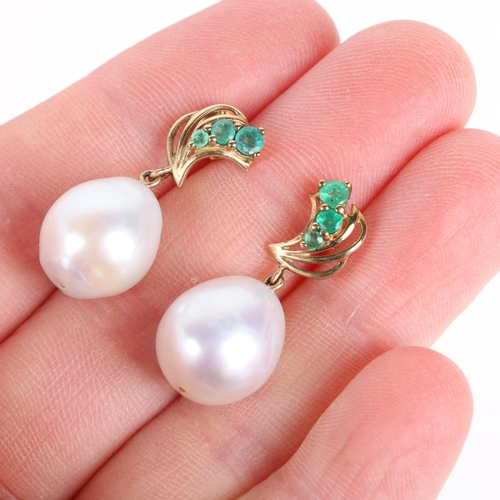 1225 - A pair of 9ct gold pearl and emerald drop stud earrings, 26.8mm, 6.3g