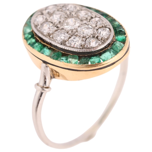 1226 - An Art Deco platinum emerald and diamond panel ring, the oval panel pave set with old-cut diamonds s... 