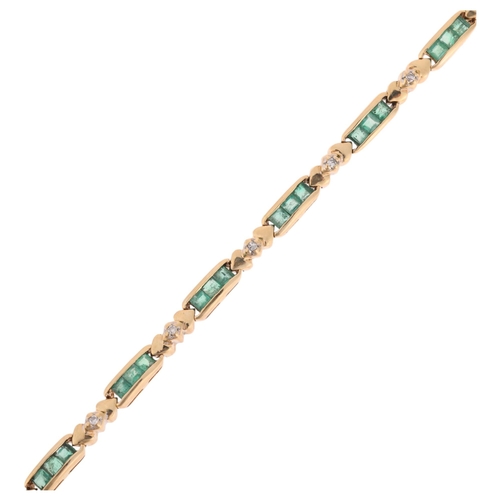 1227 - A 9ct gold emerald and diamond tennis line bracelet, band width 4mm, internal circumference 17cm, 9.... 