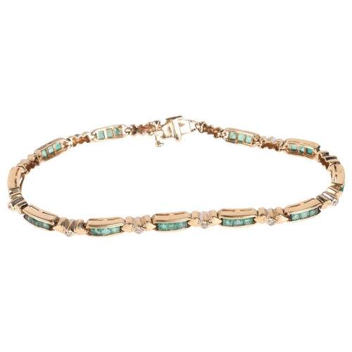 1227 - A 9ct gold emerald and diamond tennis line bracelet, band width 4mm, internal circumference 17cm, 9.... 