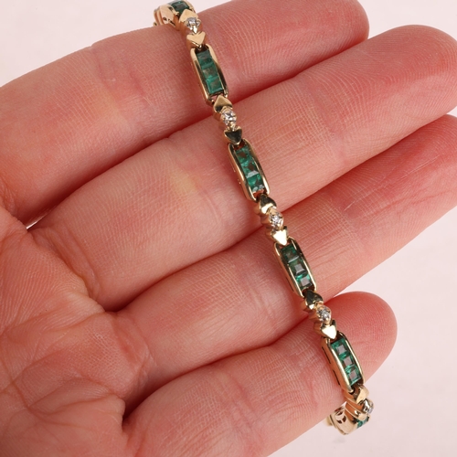 1227 - A 9ct gold emerald and diamond tennis line bracelet, band width 4mm, internal circumference 17cm, 9.... 