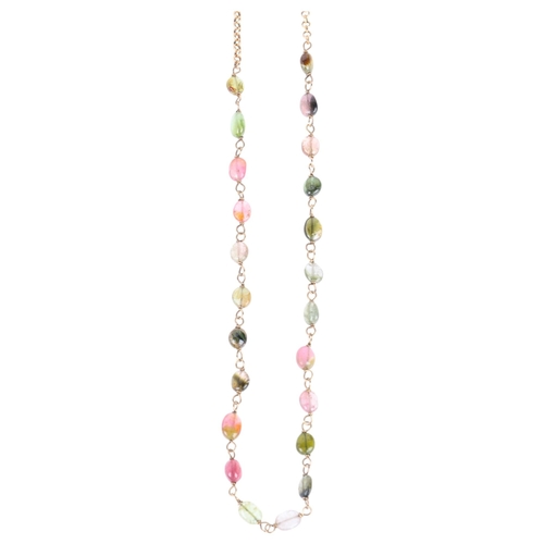 1228 - A 9ct gold vari-hue tourmaline bead necklace, 42cm, 4.2g