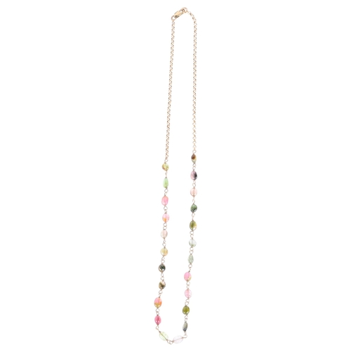 1228 - A 9ct gold vari-hue tourmaline bead necklace, 42cm, 4.2g