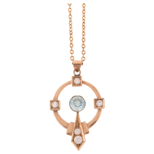 1230 - An Antique Edwardian 9ct rose gold zircon openwork pendant necklace, on 9ct belcher link chain, unma... 