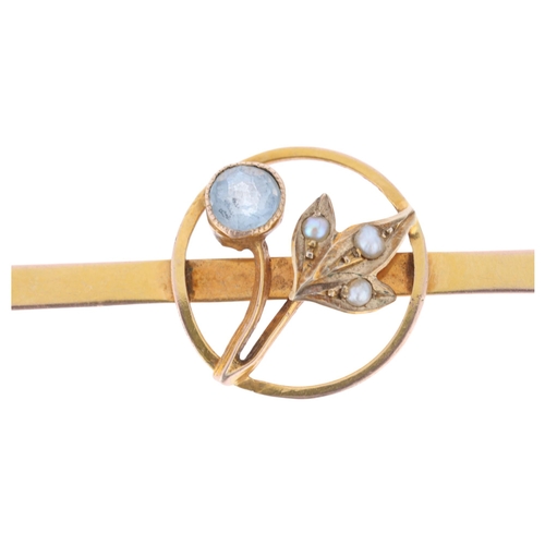 1231 - An Antique Edwardian 9ct gold blue topaz and pearl floral bar brooch, 41.7mm, 1.6g