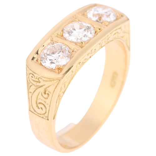 1233 - A large 18ct gold three stone lab-grown diamond ring, maker BJ, London 1978, set with 3 round old Eu... 