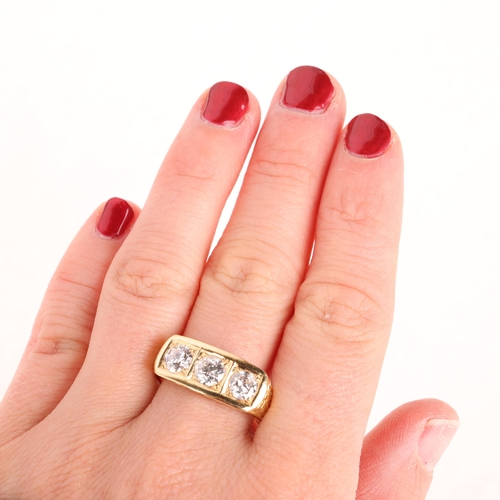 1233 - A large 18ct gold three stone lab-grown diamond ring, maker BJ, London 1978, set with 3 round old Eu... 