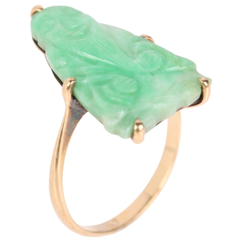 1237 - An Antique 9ct gold jade 'Buddha' panel ring, maker N Brothers, relief carved depicting bearded Budd... 