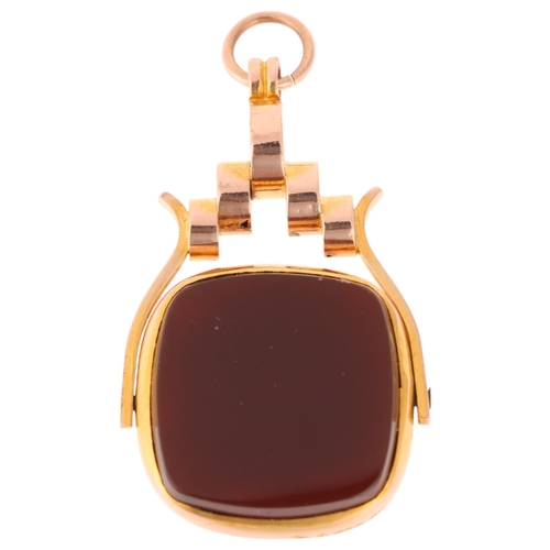 1240 - An Antique 9ct gold hardstone swivel fob, maker WJP, Chester 1912, set with square bloodstone and ca... 