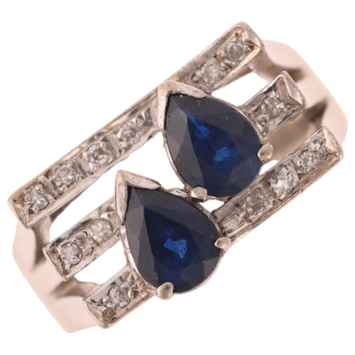 1241 - A 14ct white gold sapphire and diamond cocktail ring, in the Art Deco style, set with pear-cut sapph... 