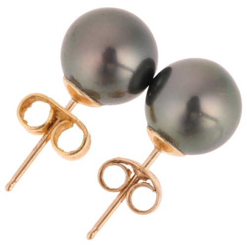 1242 - A pair of 9ct gold whole black pearl stud earrings, each set with 8mm pearl, 1.9g