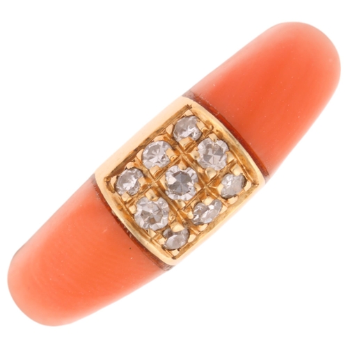 1243 - A 14ct gold coral and diamond bombe ring, set with single-cut diamonds, setting height 6mm, size J, ... 