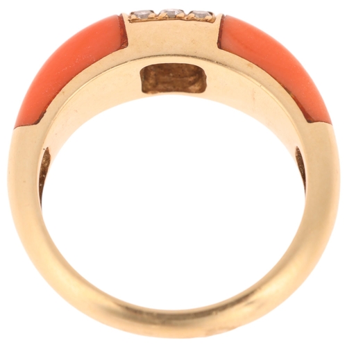 1243 - A 14ct gold coral and diamond bombe ring, set with single-cut diamonds, setting height 6mm, size J, ... 