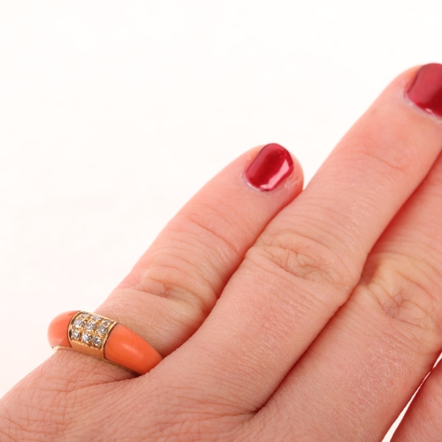 1243 - A 14ct gold coral and diamond bombe ring, set with single-cut diamonds, setting height 6mm, size J, ... 