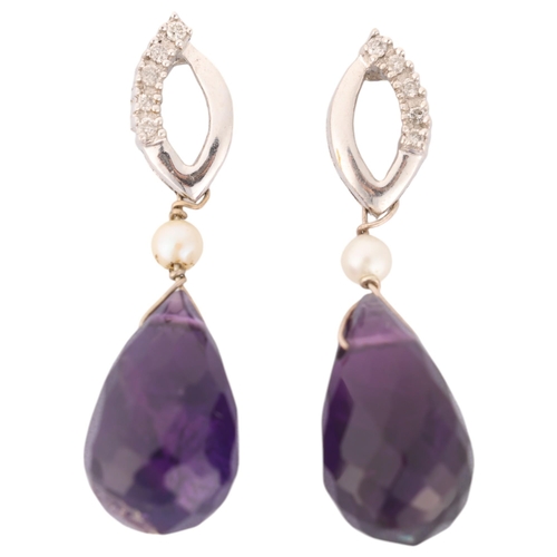 1246 - A pair of 9ct white gold amethyst pearl and diamond drop stud earrings, set with briolette-cut ameth... 