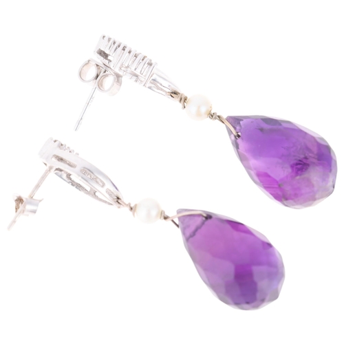 1246 - A pair of 9ct white gold amethyst pearl and diamond drop stud earrings, set with briolette-cut ameth... 