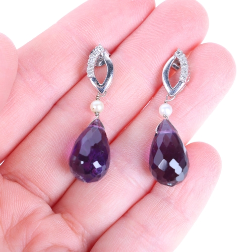 1246 - A pair of 9ct white gold amethyst pearl and diamond drop stud earrings, set with briolette-cut ameth... 