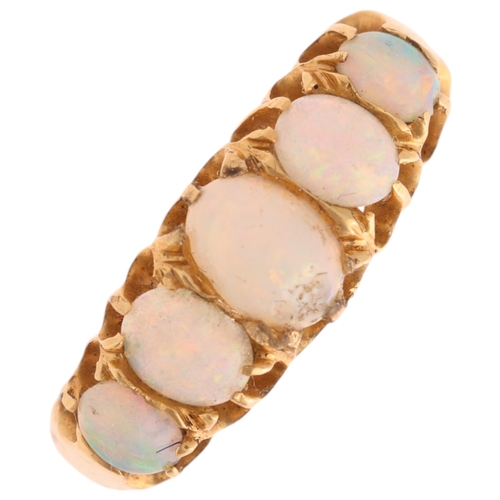 1247 - An Antique 18ct gold five stone opal half hoop ring, Chester 1901, set with oval cabochon opals, set... 